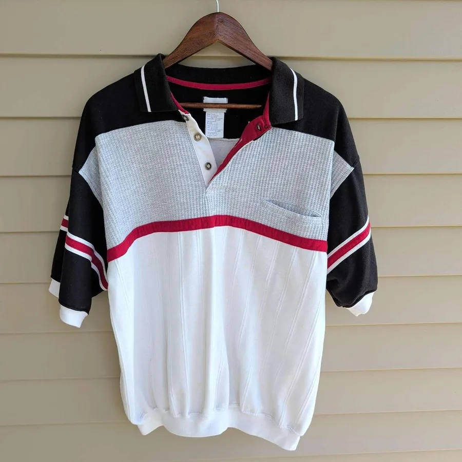 Puritan Polo Shirt Mens Large Multi Colorblock Vintage 90s Waffle Knit Ribbed