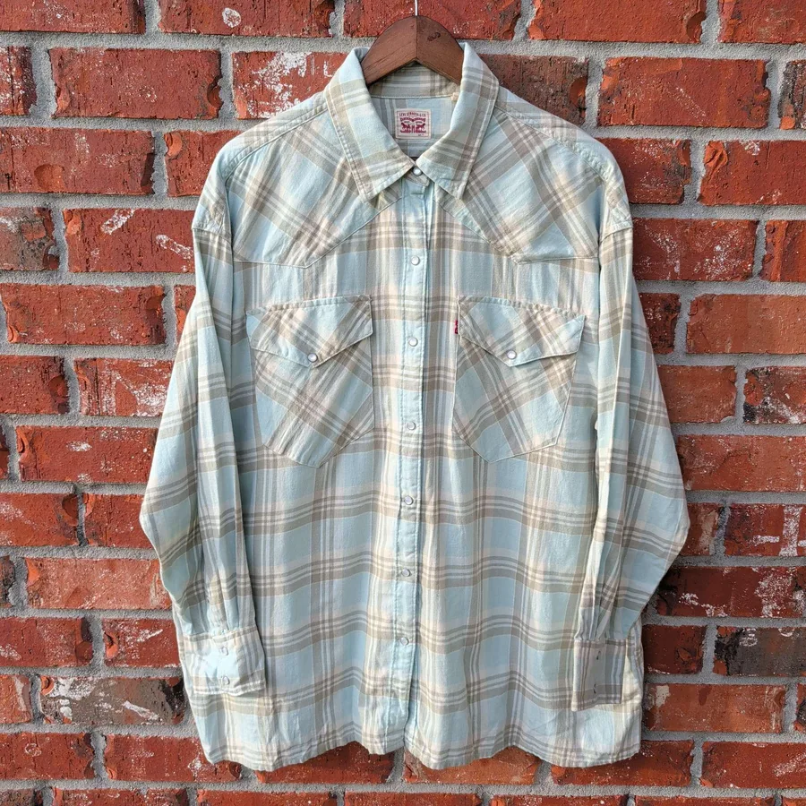Levi's Strauss Western Shirt Mens XL Blue Plaid Long Sleeve Pearl Snaps