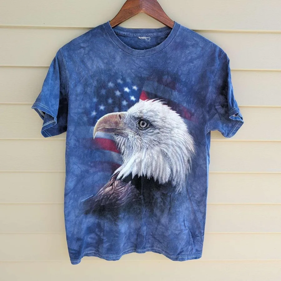 The Mountain Graphic T-Shirt Mens Small Blue Bald Eagle American Flag Tie Dye