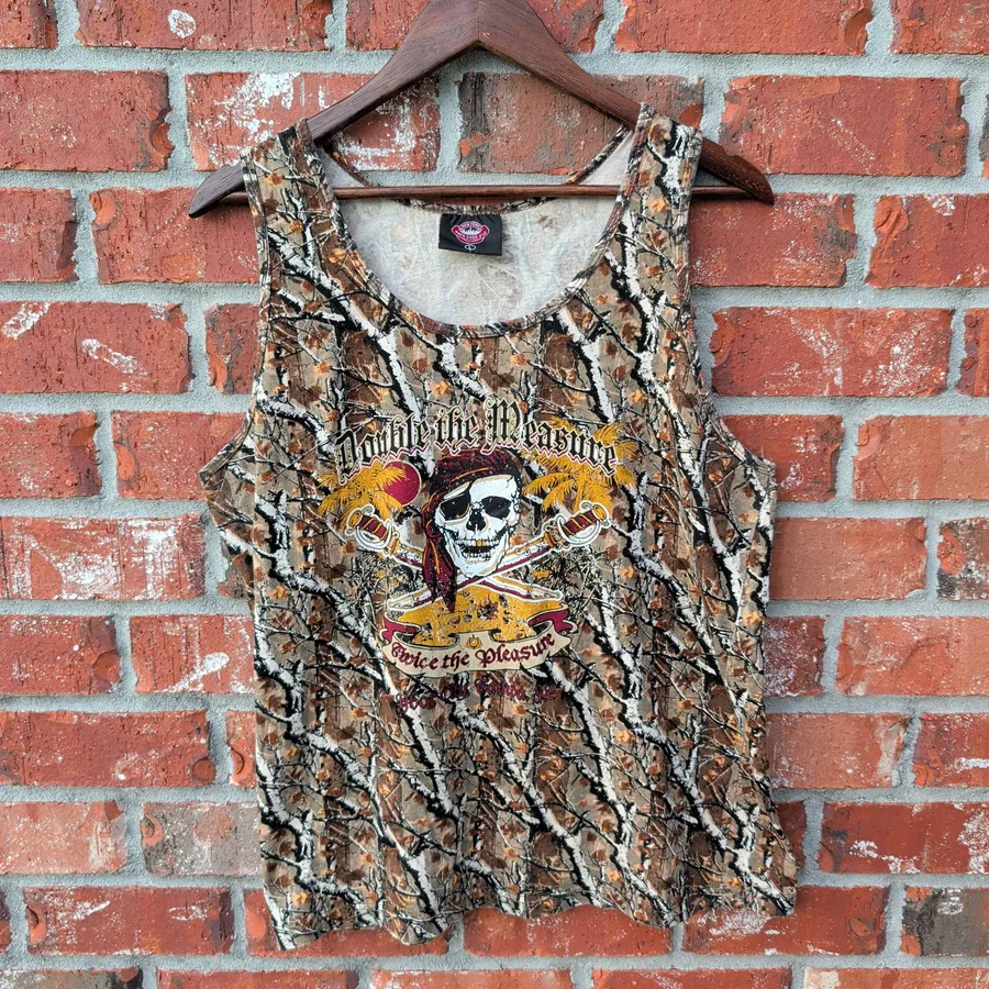 New York Area Code 212 Tank Top Mens L Brown Camo Pirate Skull Graphic