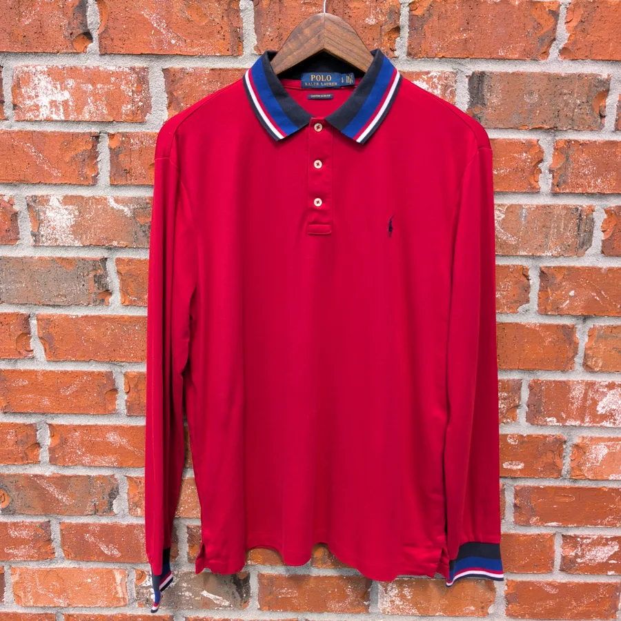 Polo Ralph Lauren Mens L Red Custom Slim Fit Long Sleeve Rugby Polo Shirt
