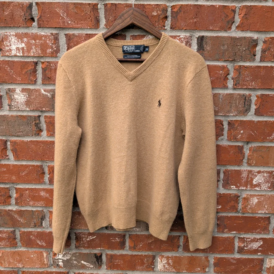 VTG 90s Polo Ralph Lauren Lambswool Sweater Mens XL Tan V-Neck Pony Logo