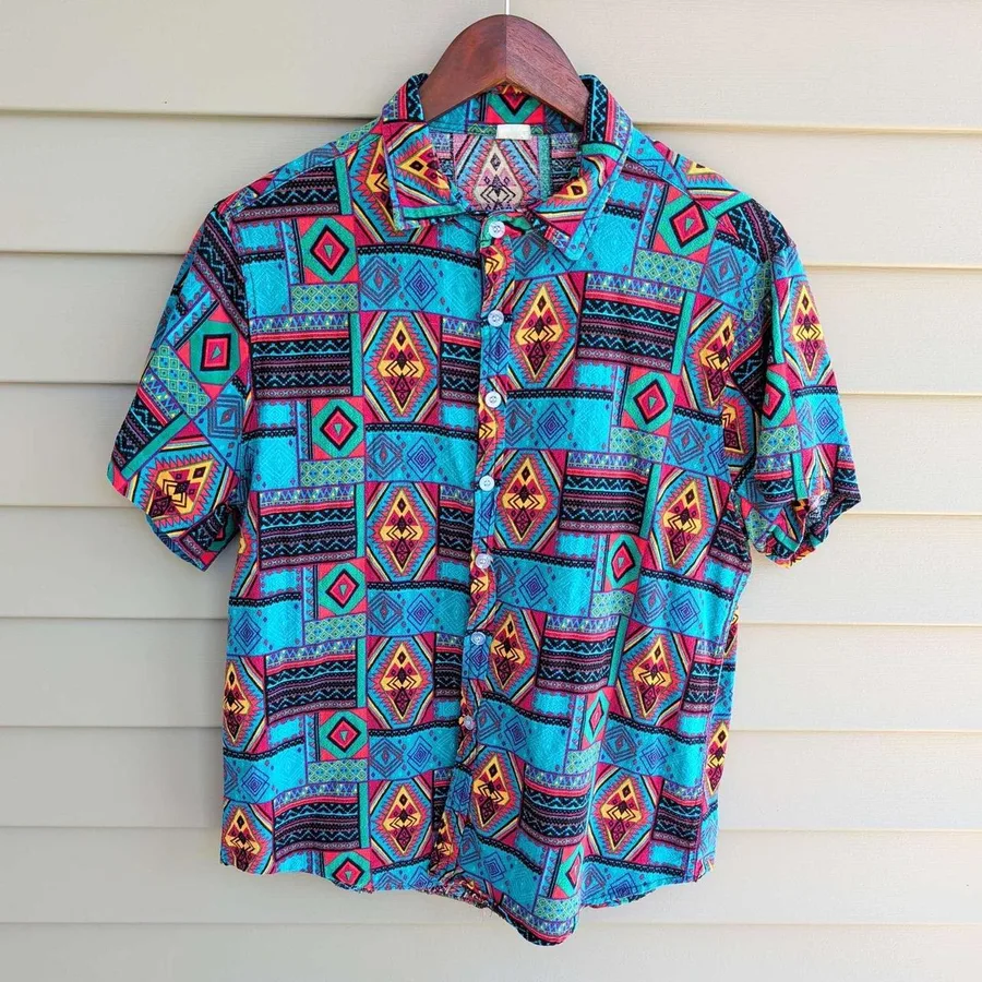 Unbranded Button Down Shirt Mens Large Multicolor Tribal Geometric Short Sleeve