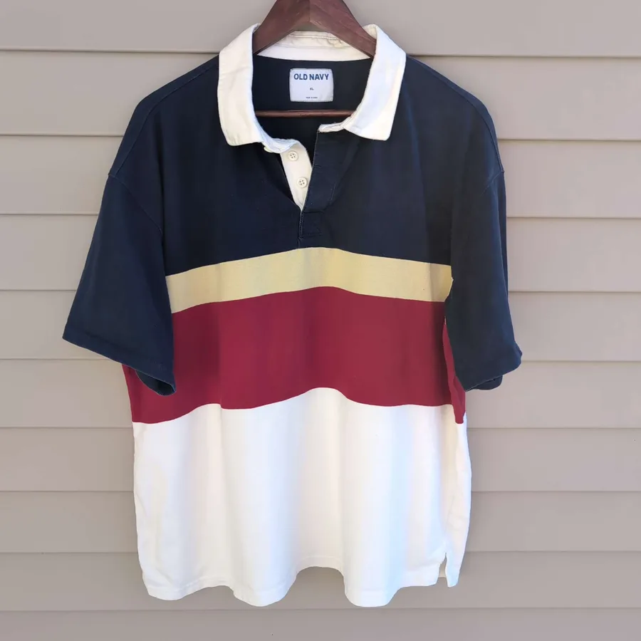 Old Navy Rugby Polo Mens XL Navy Red Cream Colorblock Striped Short Sleeve