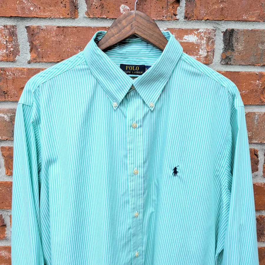 Polo Ralph Lauren Shirt Mens XL 18 Green White Striped Button Down Classic Fit