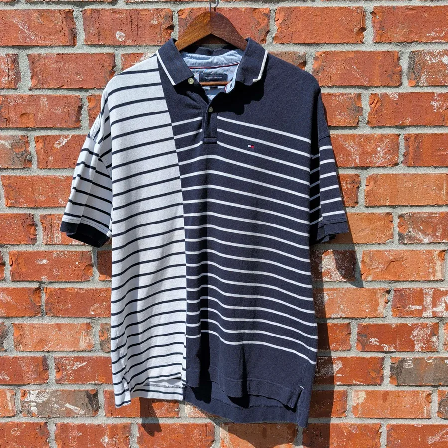 Tommy Hilfiger Polo Shirt Mens L Navy White Striped Colorblock Pique