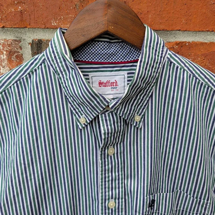 Stafford Prep Button Down Shirt Mens Medium Green Navy Blue Striped Long Sleeve