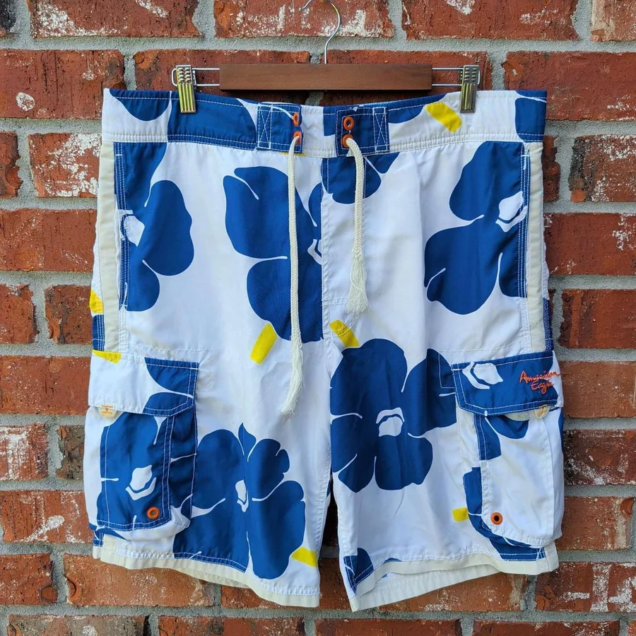 American Eagle Board Shorts Mens Medium Blue White Floral Cargo Swim Trunks 10in