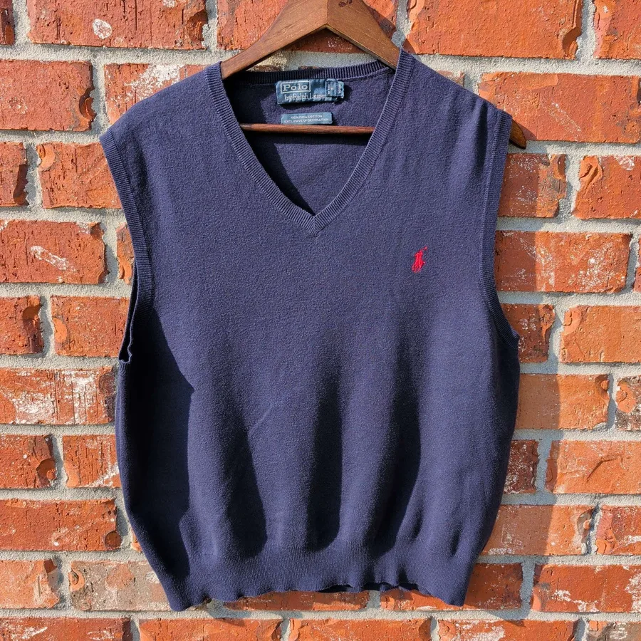 Polo Ralph Lauren Sweater Vest Mens Large Navy Blue Pima Cotton V-Neck 90s