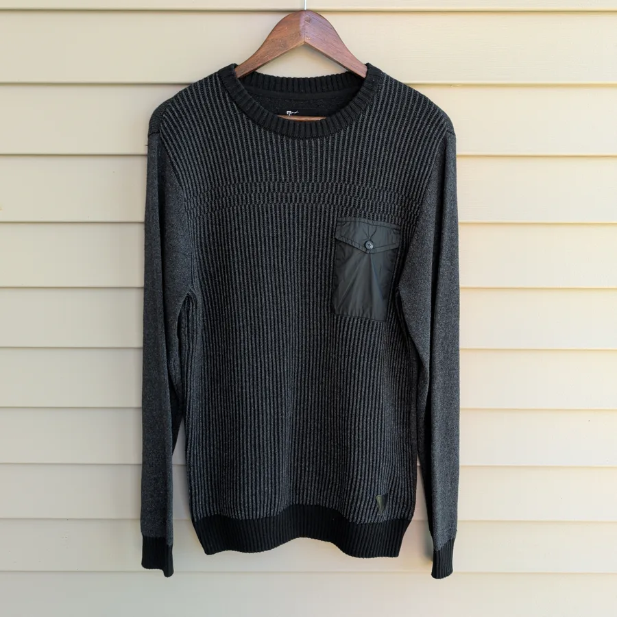 Trash Nouveau Mens M Ribbed Sweater Gray Black Pocket Crew Neck Knit