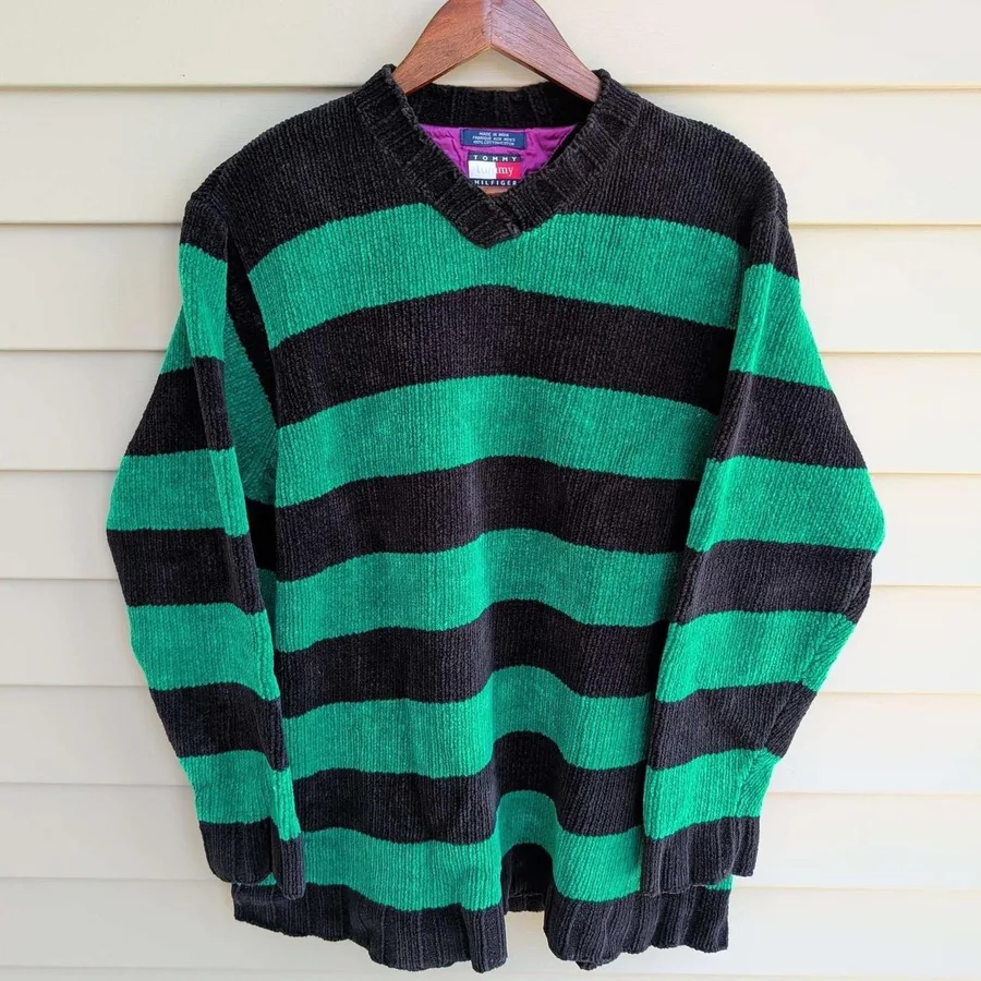 Tommy Hilfiger V-Neck Sweater Mens Large Green Black Striped Vintage Chenille