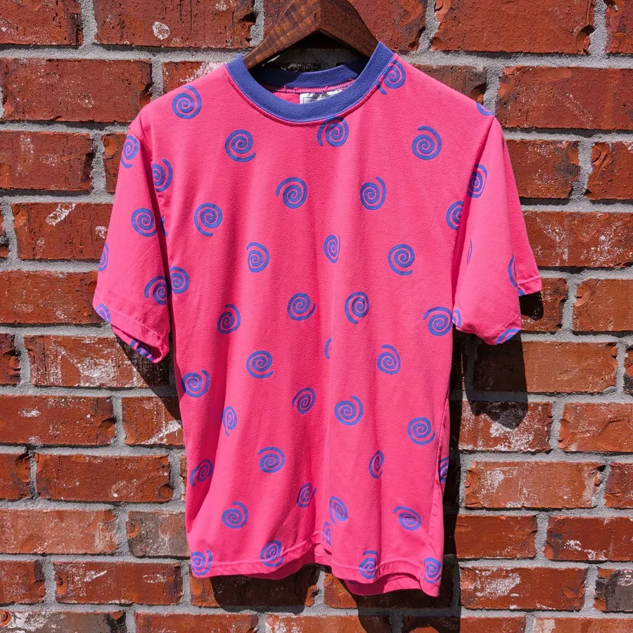 Jacques Moret Vintage T Shirt Womens S Pink Spiral Print Ringer 90s