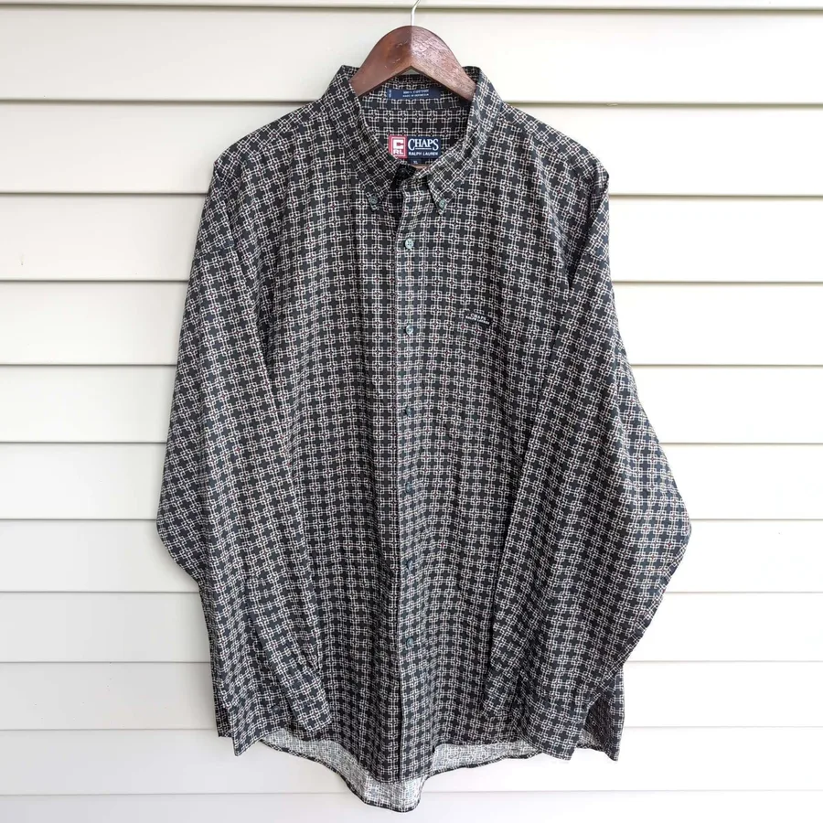 Chaps Ralph Lauren Button Down Shirt Mens XL Black Geometric Print Cotton