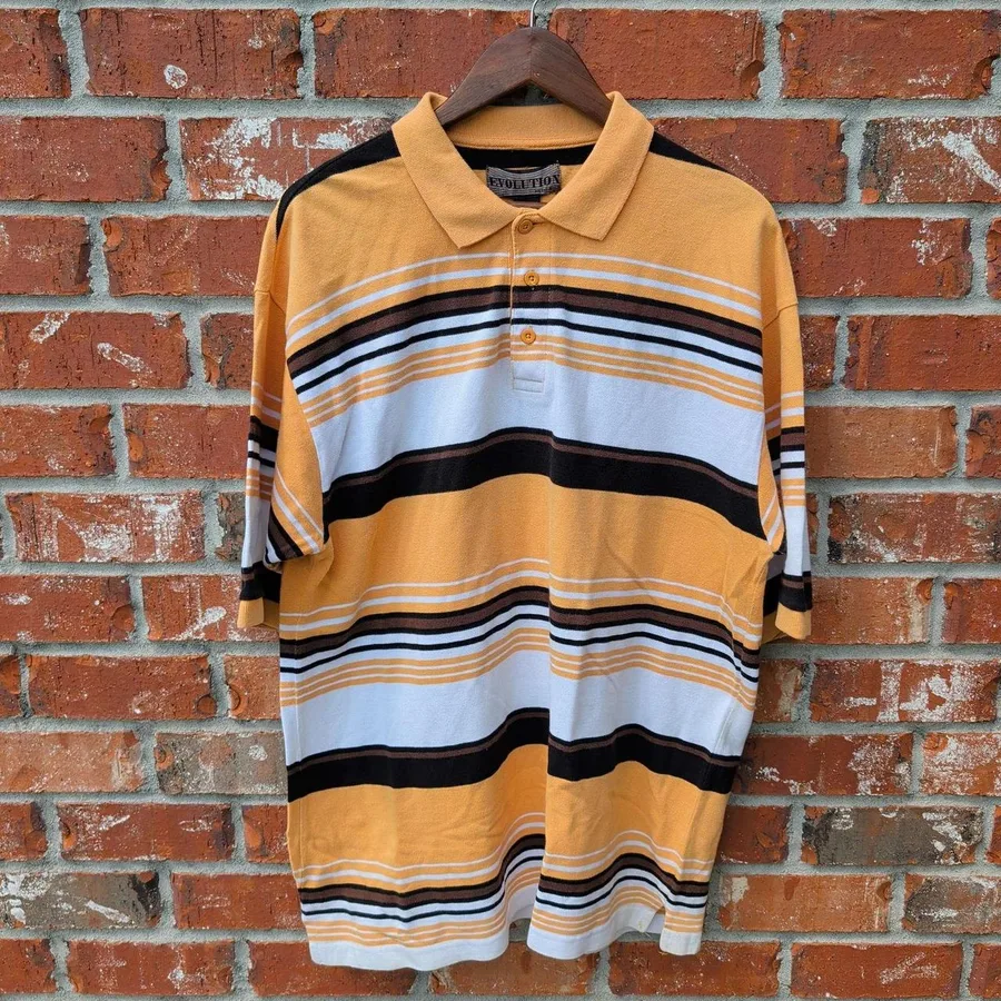 Evolution In Design Polo Shirt Mens XL Yellow Striped 90s Streetwear Cotton