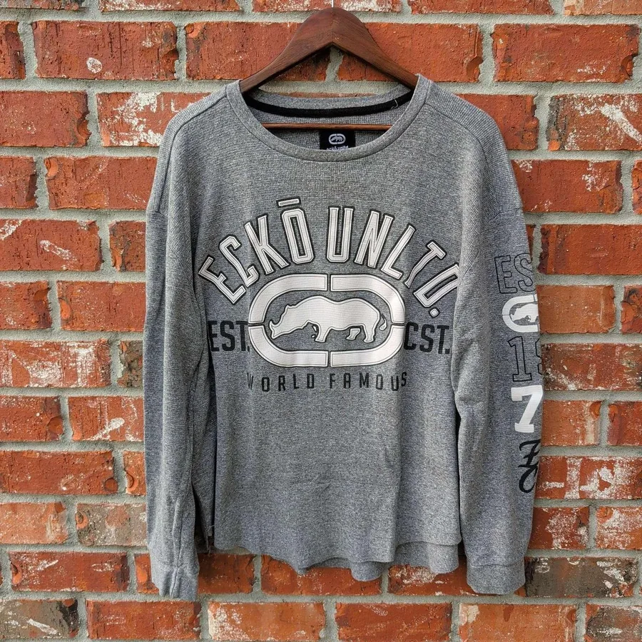 Ecko Unltd Thermal Shirt Mens 2XL Gray Waffle Knit Graphic Long Sleeve