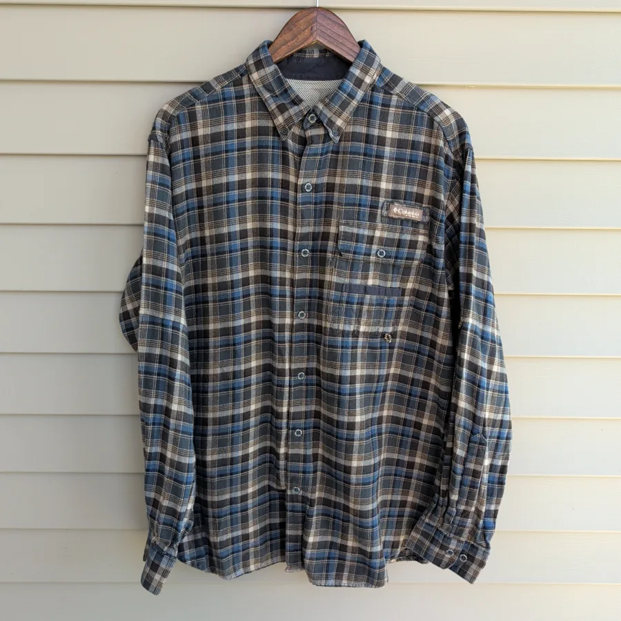Columbia PHG Flannel Shirt Mens Blue Plaid Button Down Long Sleeve Fishing