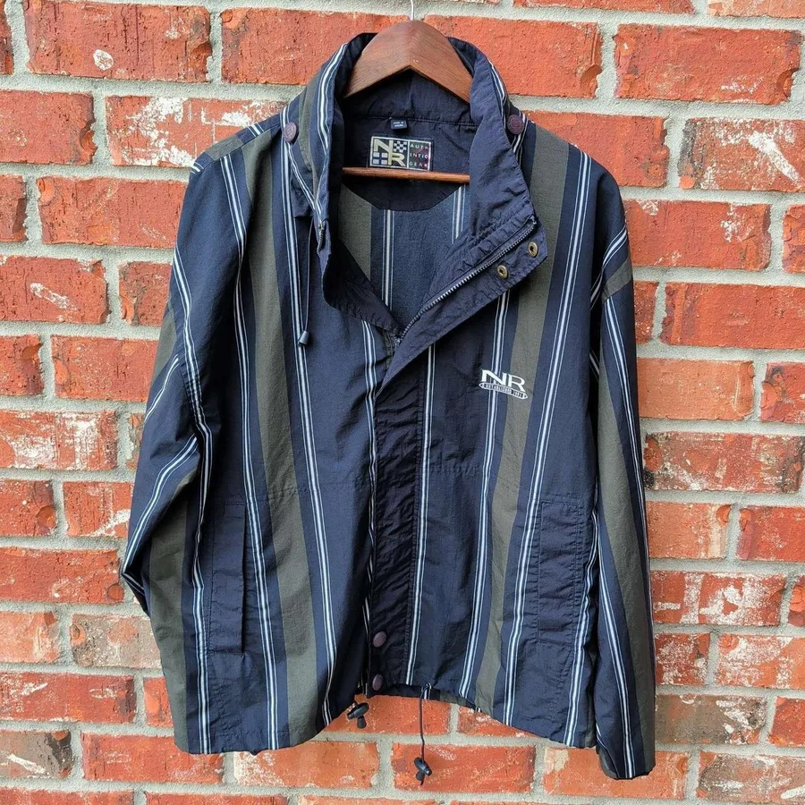 VTG 90s New River Windbreaker Jacket Mens Large Navy Olive Striped Hooded