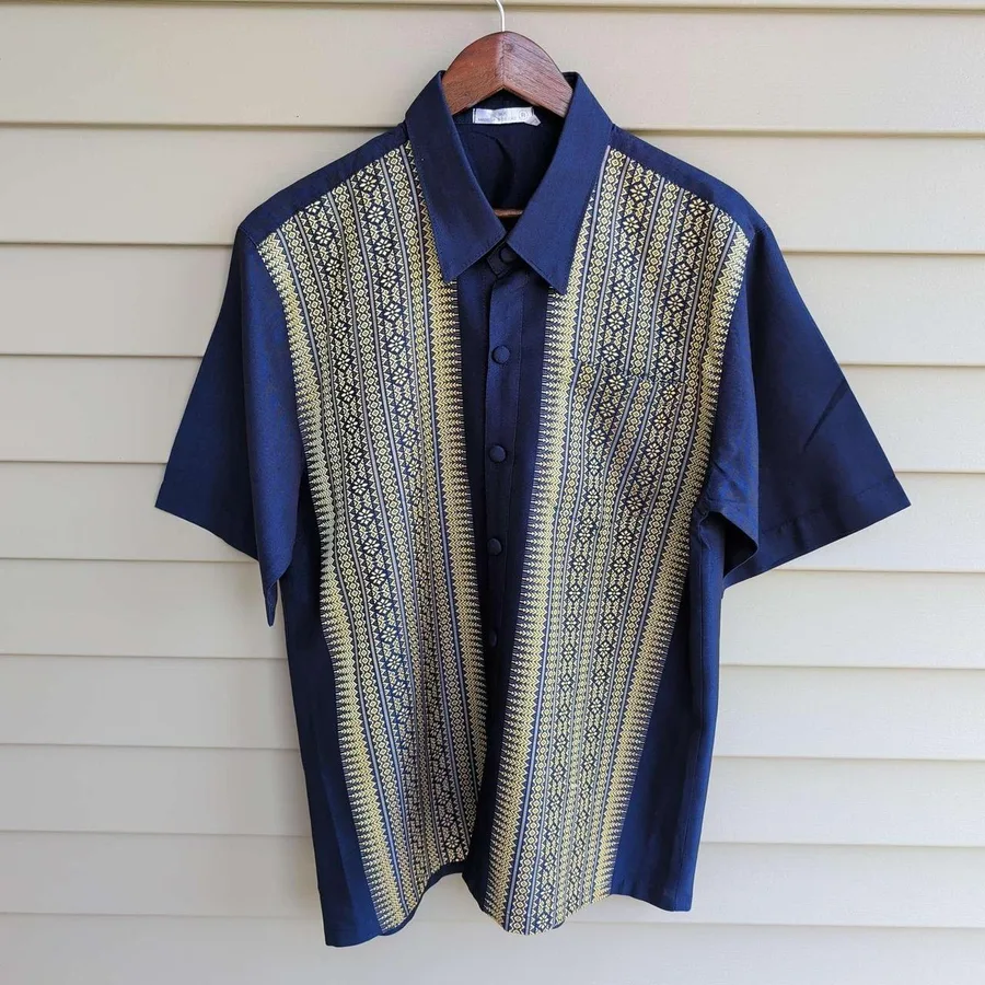 Thai Silk Button Up Shirt Mens Large Navy Blue Gold Embroidered Short Sleeve
