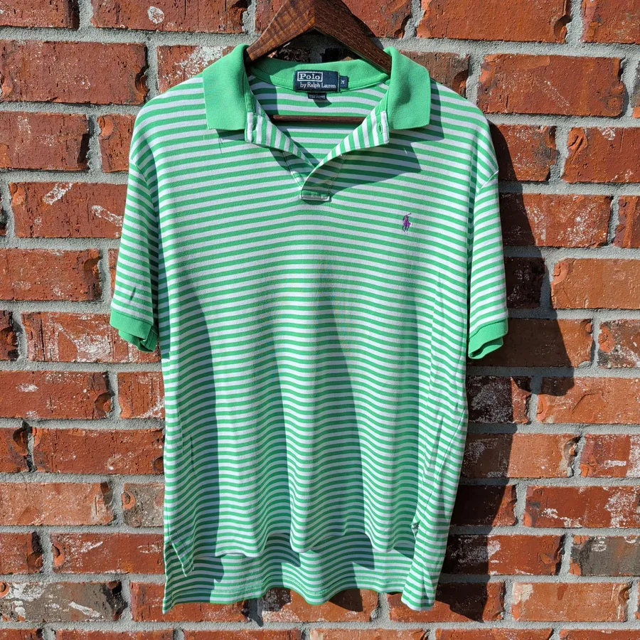 Polo Ralph Lauren Striped Polo Mens M Green White Pique Cotton Short Sleeve
