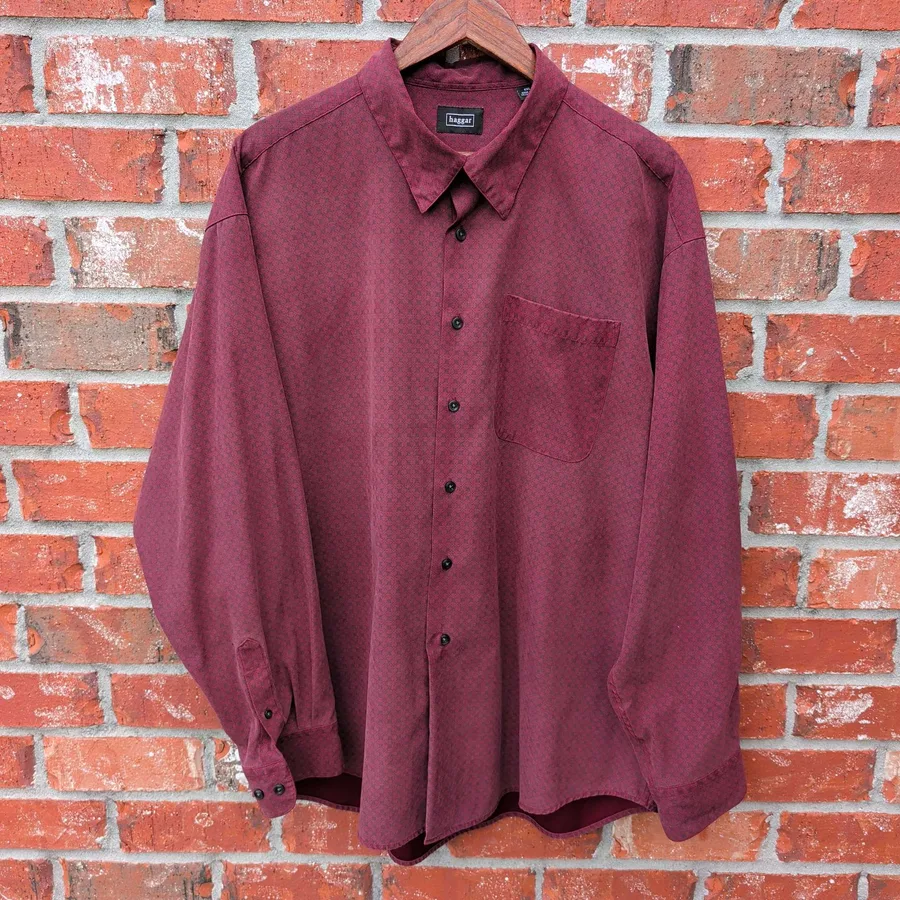 Haggar Button Down Shirt Mens XXL Burgundy Diamond Print Long Sleeve
