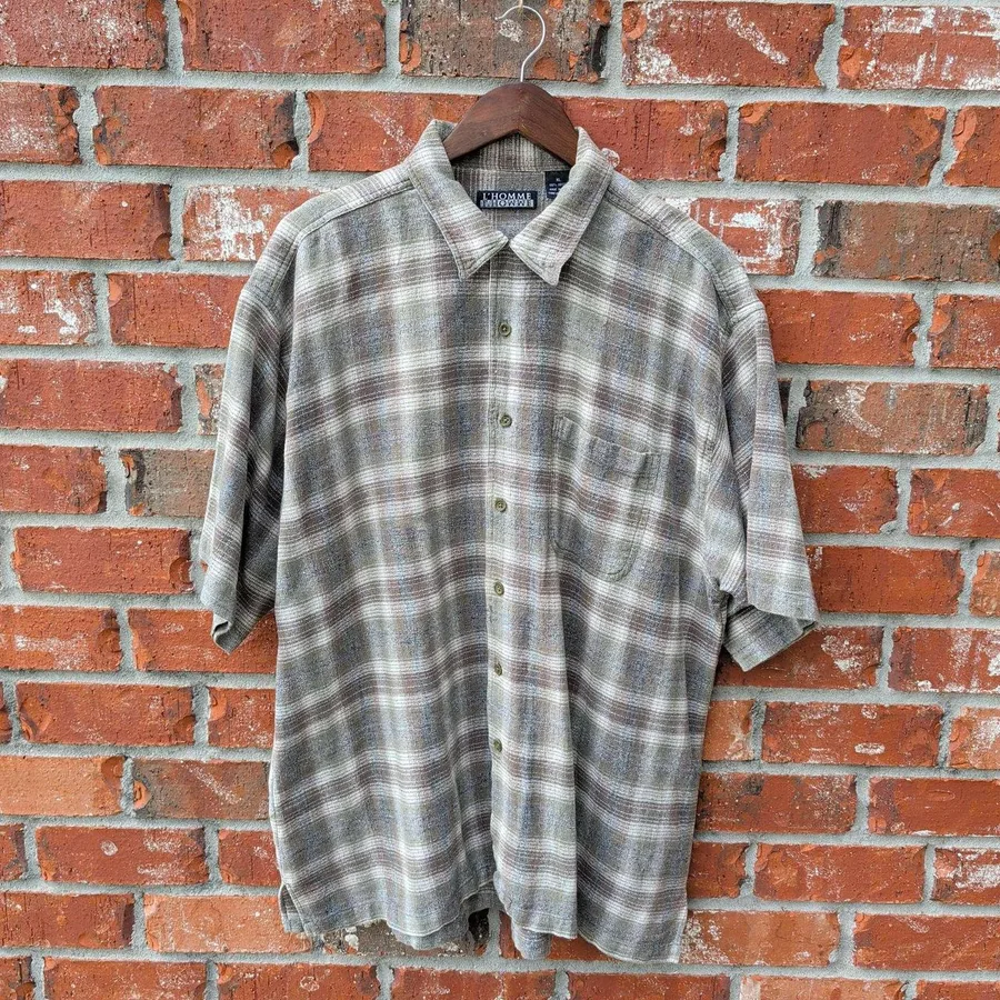 L'Homme L'Howwe Button Down Shirt Mens XL Olive Brown Plaid Cotton Short Sleeve