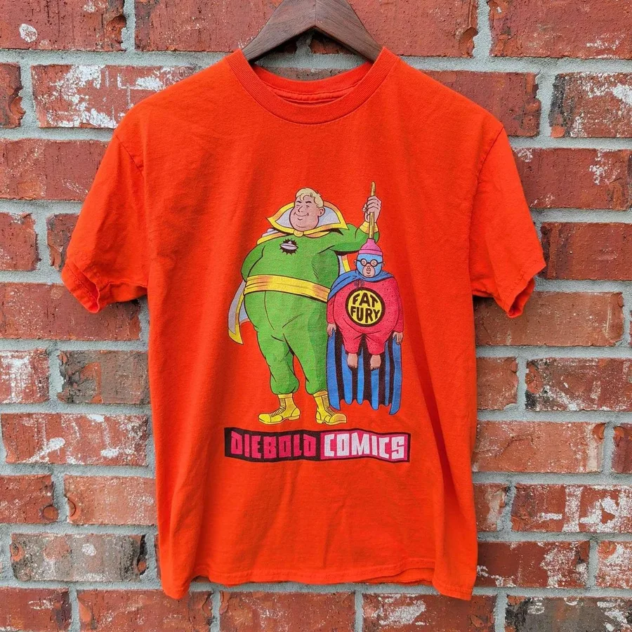 Diebold Comics Graphic T-Shirt Mens Medium Orange Fat Fury Superhero Tee