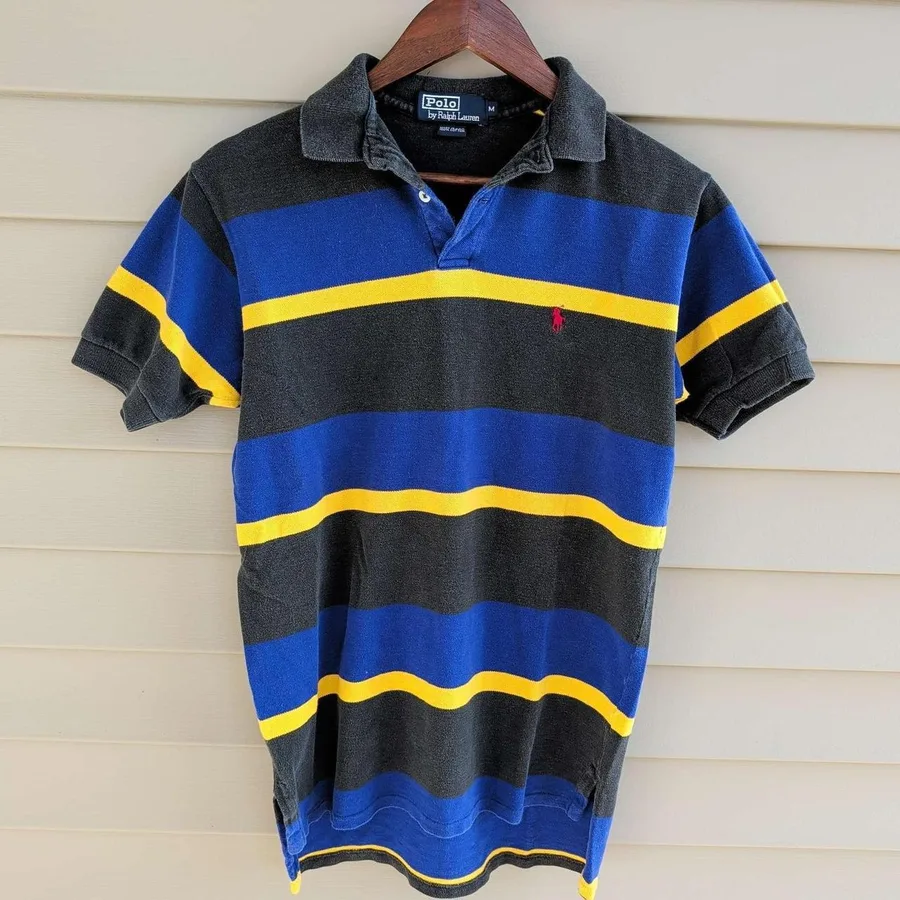 Polo Ralph Lauren Polo Shirt Mens Medium Blue Black Yellow Striped Made in USA