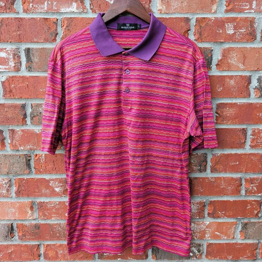 Bugatchi Uomo Polo Shirt Mens Large Pink Purple Striped Mercerized Cotton