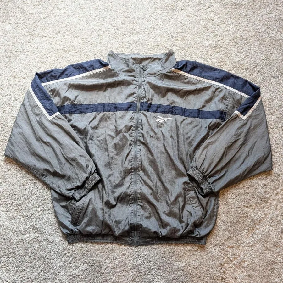 Reebok Windbreaker Jacket Mens XL Grey Navy Blue Vintage 90s Full Zip Sporty