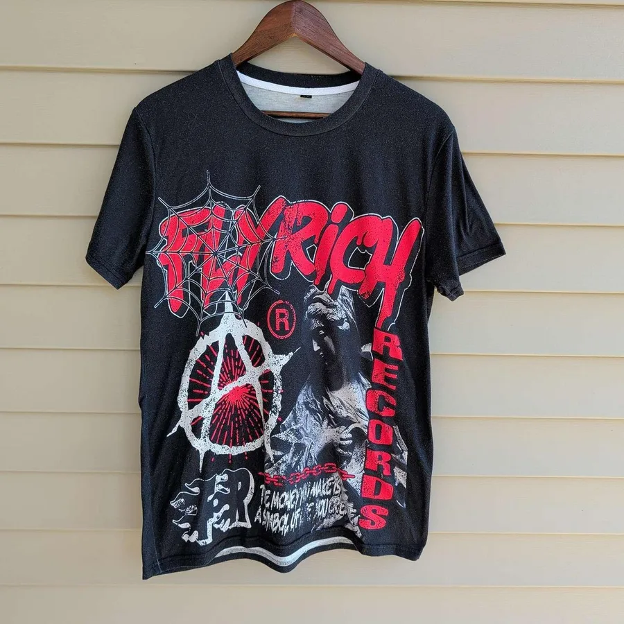 Fly Rich Records Graphic T-Shirt Mens Medium Black Red Anarchy Spider Web 2019
