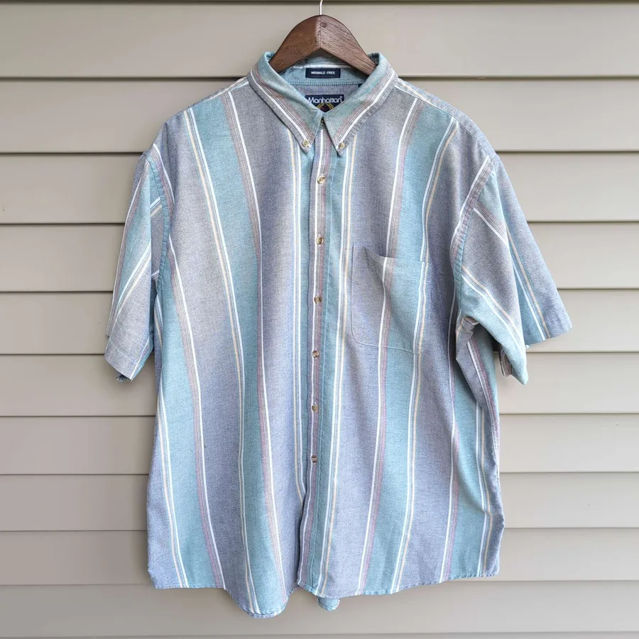 VTG 90sManhattan Sport Club Shirt Mens XXL Blue Striped Short Sleeve