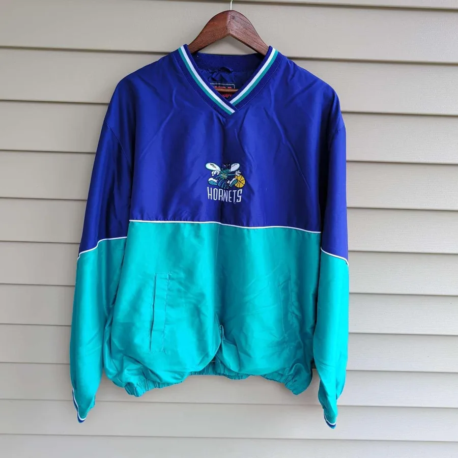 NBA NewOrleans Hornets Windbreaker Mens Large Purple Teal Pullover V-Neck Jacket