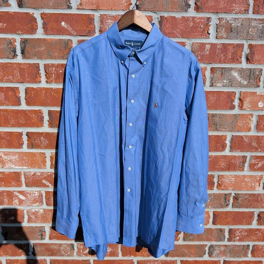 Ralph Lauren Button Down Shirt Mens 17 34 Blue Yarmouth Pinpoint Oxford Cotton