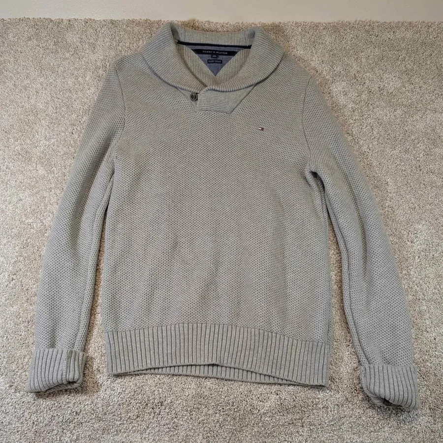 Tommy Hilfiger Sweater Mens Large Grey Pima Cotton Merino Wool Shawl Collar