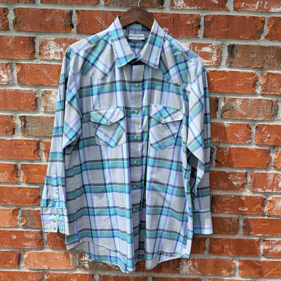 Karman Western Pearl Snap Shirt Mens XL Gray Teal Purple Plaid Vintage USA Made