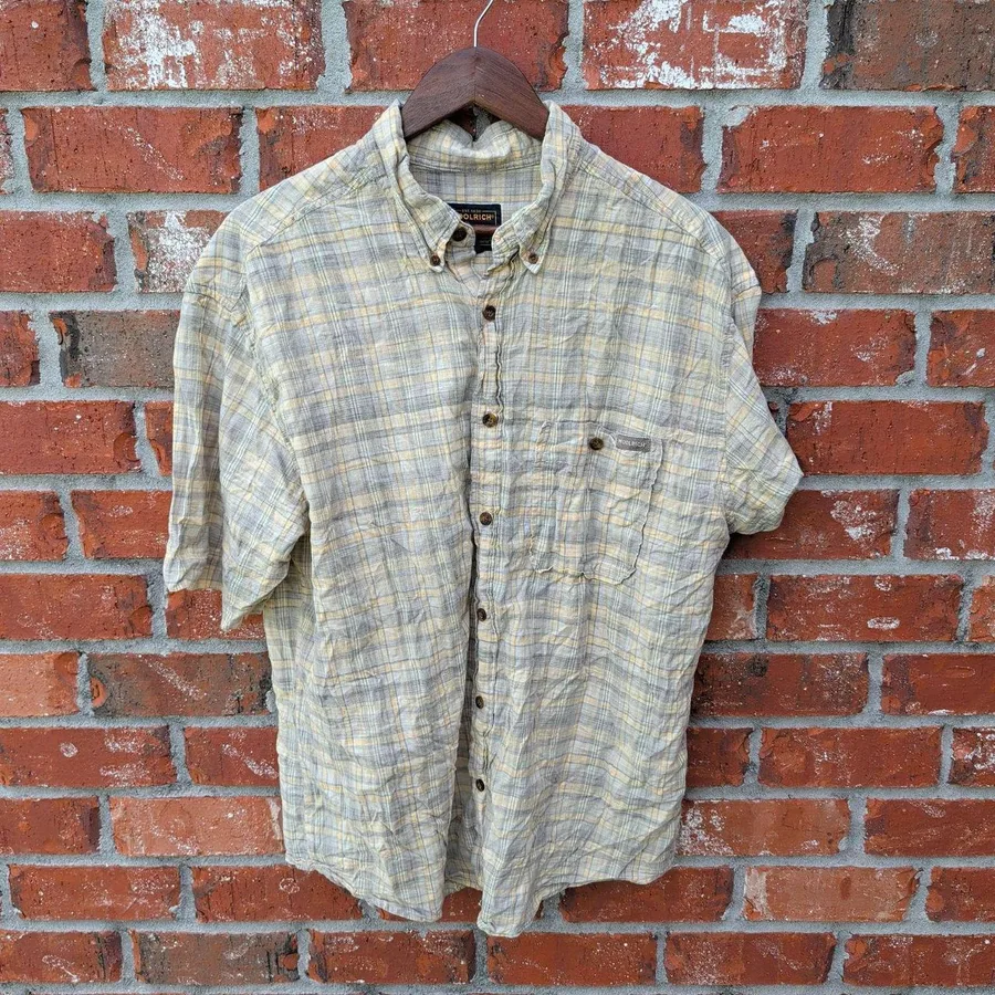 Woolrich Plaid Button Down Shirt Mens Large Khaki Yellow Cotton Short Sleeve
