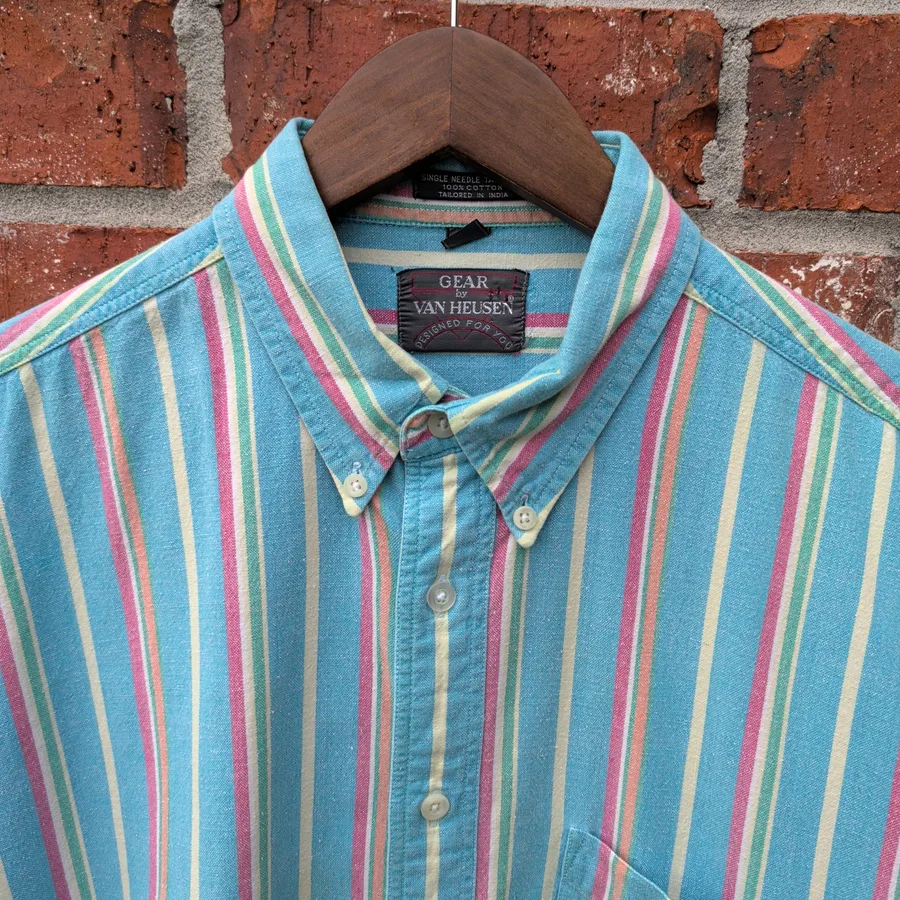 Gear by Van Heusen Striped Shirt Mens L Blue Pink Short Sleeve Button Down