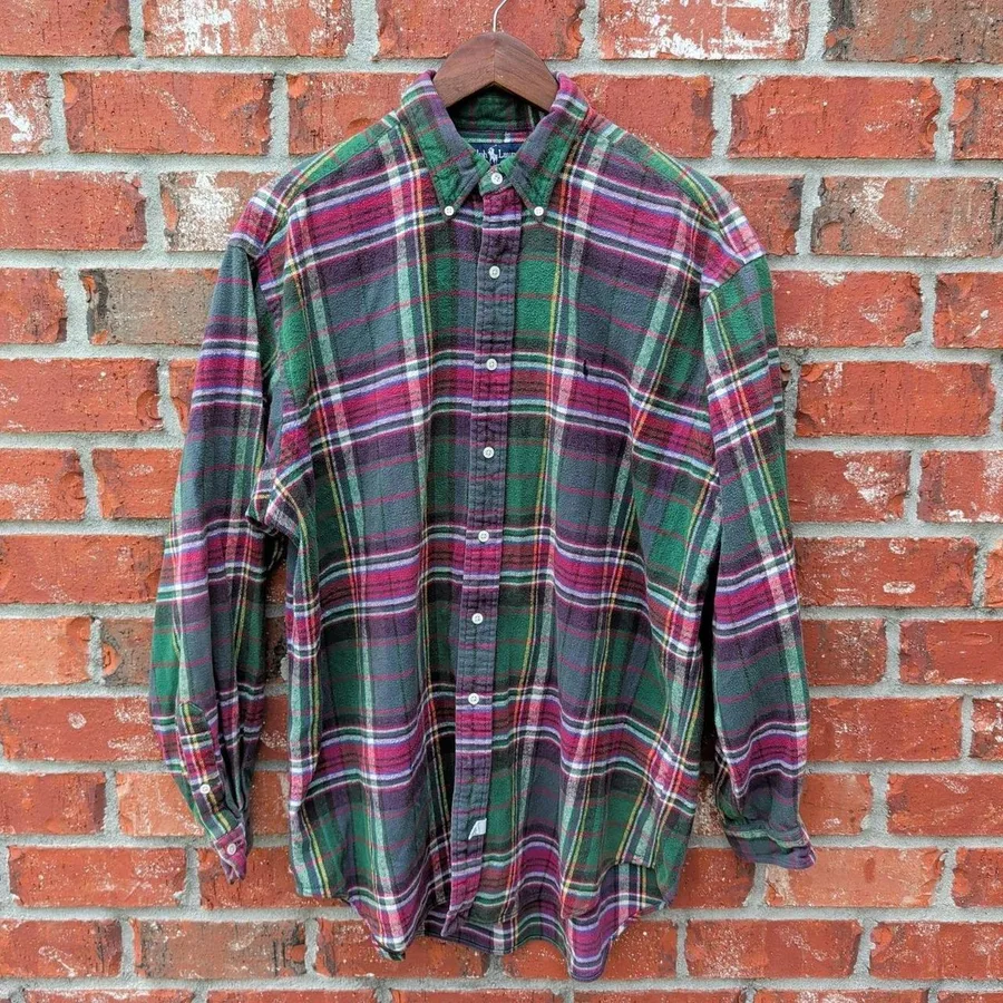 Vintage Polo Ralph Lauren Flannel Shirt Mens L Green Magenta Plaid Cotton