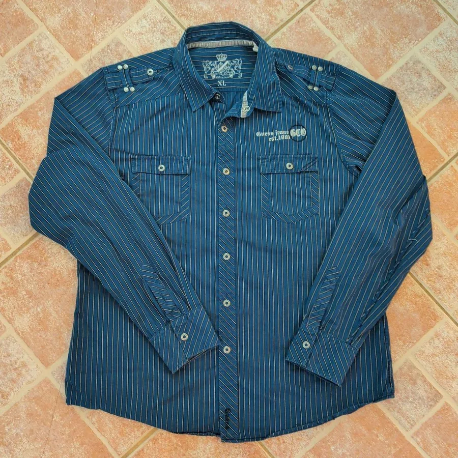 Guess Jeans Button Down Shirt Mens XL Blue Pinstripe Military Epaulettes GCO