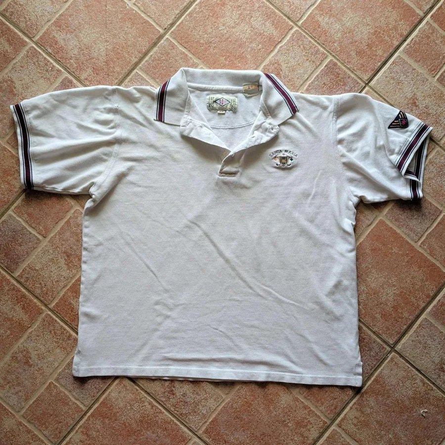 SDI Polo Shirt Mens Medium White Santa Maria Crest Short Sleeve Cotton Striped