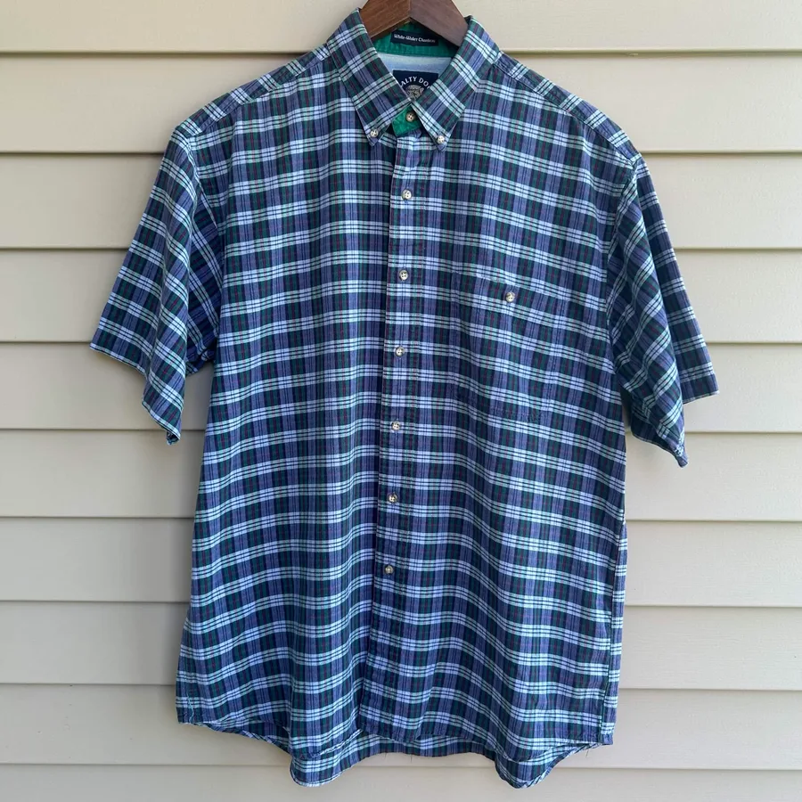 Salty Dog Gant Plaid Shirt Mens L Blue Green Chambray Short Sleeve