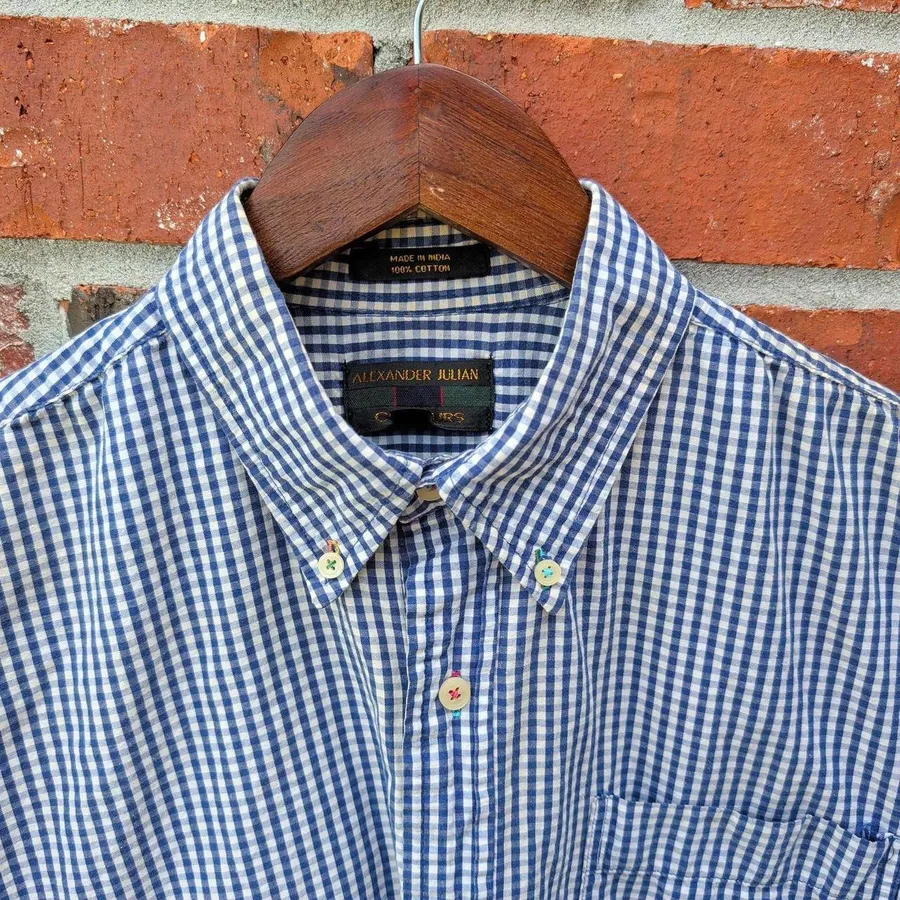 Alexander Julian Colours Shirt Mens L Blue Gingham Short Sleeve Button Down