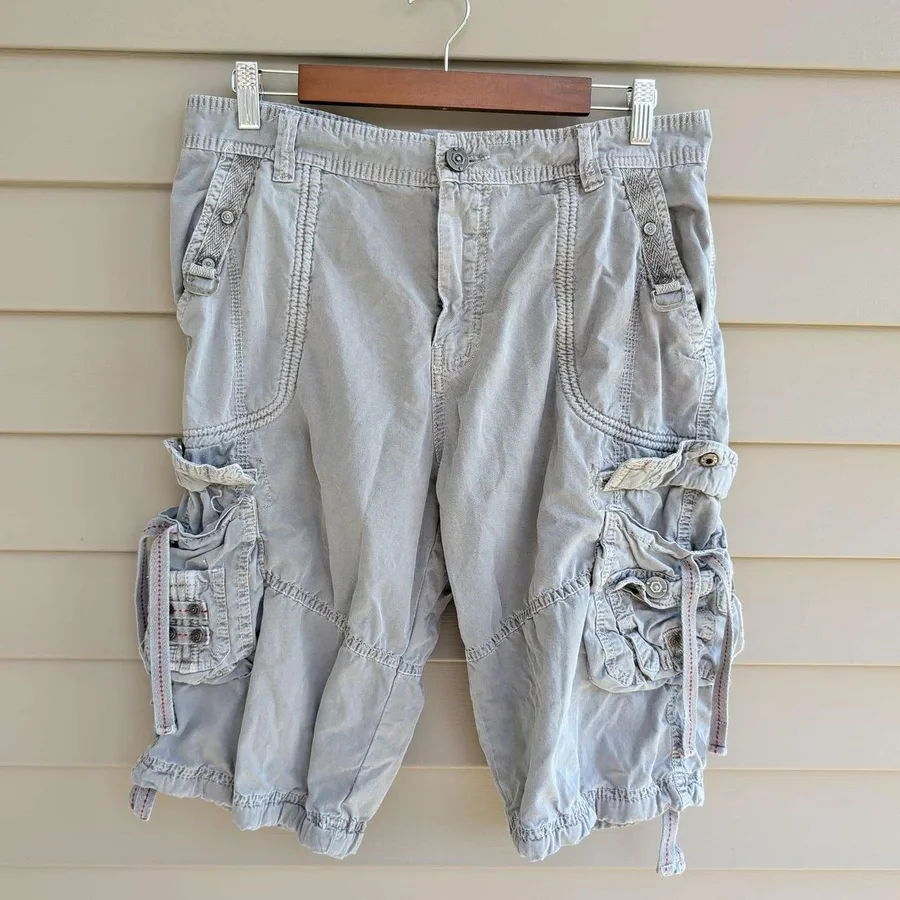 Twoce Cargo Shorts Mens 34 Grey Y2K Multi Pocket Utility Cotton