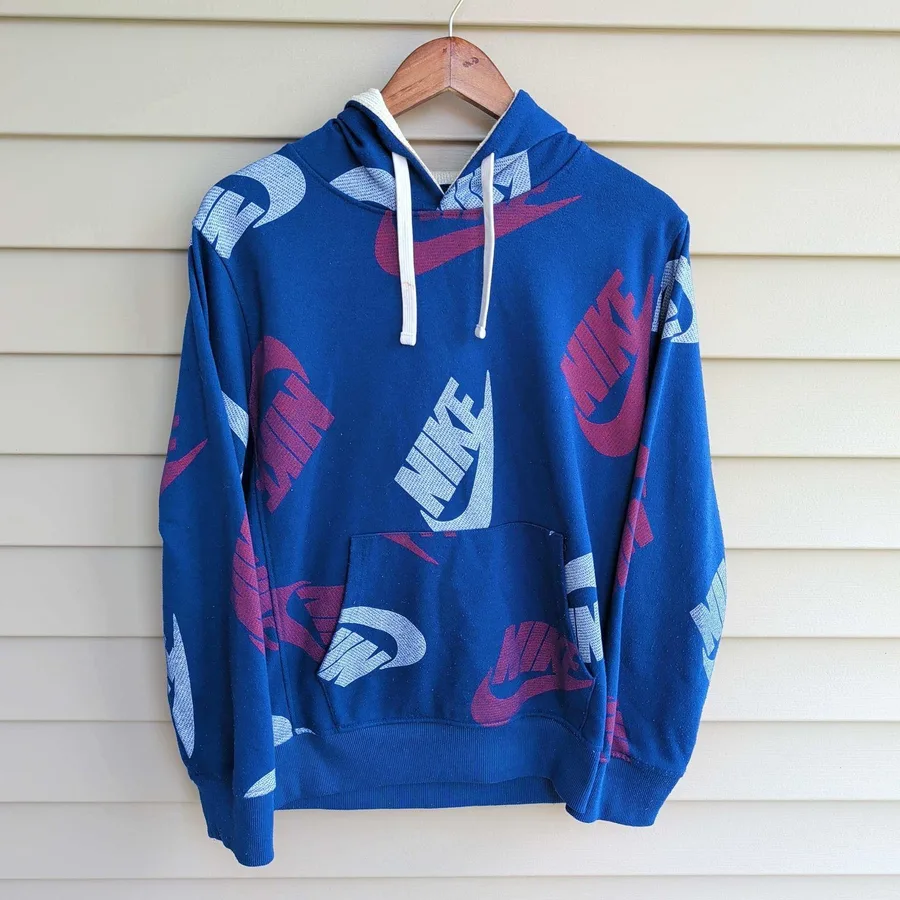 Nike Hoodie Mens Large Blue All Over Print Swoosh Logo Pullover Sweatshirt
