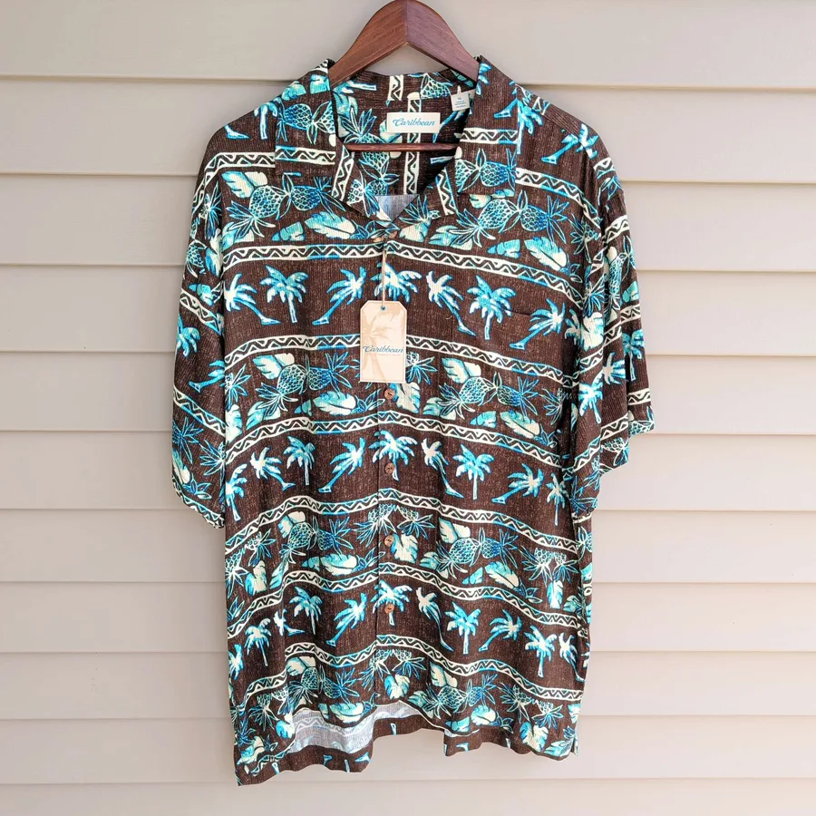 Caribbean Hawaiian Shirt Mens XL Brown Turquoise Rayon Pineapple Palm NWT