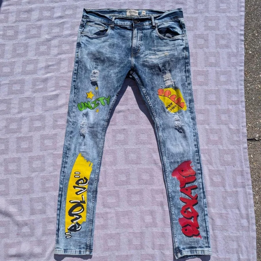FWRD Denim Graffiti Graphic Jeans Mens 38 Blue Acid Wash Distressed Streetwear
