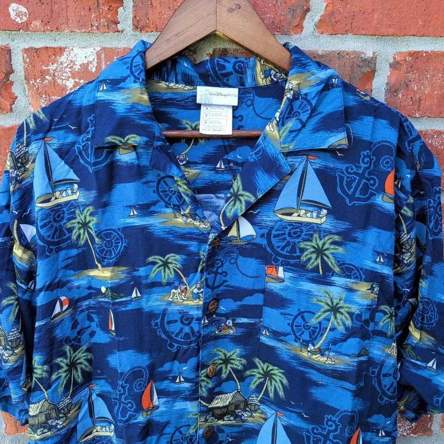 Walt Disney World Button Down Shirt Mens M Blue Mickey Mouse Tropical Rayon