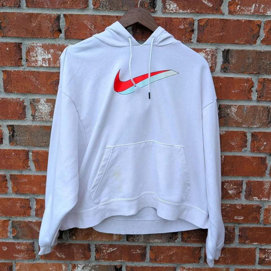 Nike Hoodie Mens 1X White Graphic Swoosh Relaxed Fit French Terry Pullover