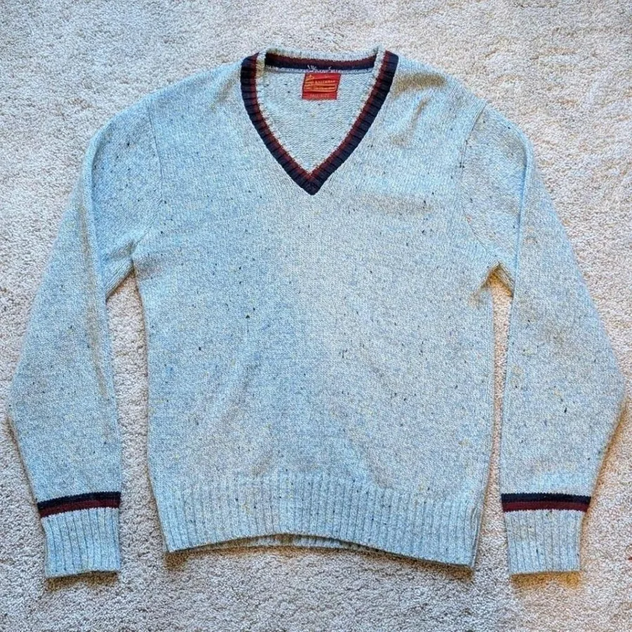 Kings Road Knitwear V-Neck Sweater Mens L Tall Blue Confetti Striped Vintage