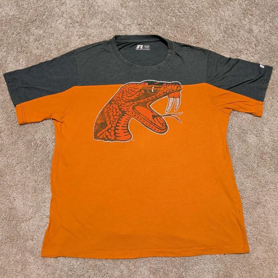 Russell Athletic T-Shirt Mens 3XL Orange Charcoal Colorblock Snake Graphic Tee
